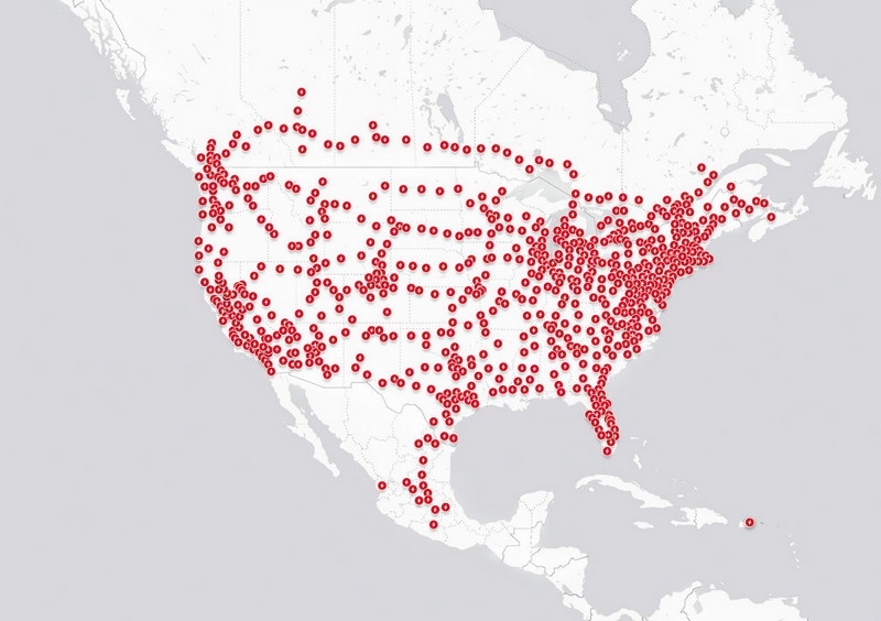 Distribution of Tesla Supercharger stations in the United States