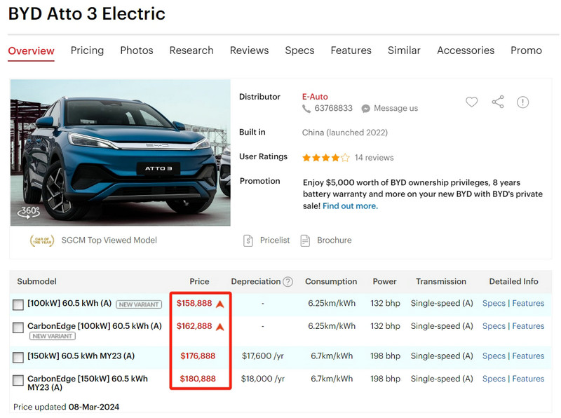 BYD Yuan PLUS (otto 3) price in Singapore