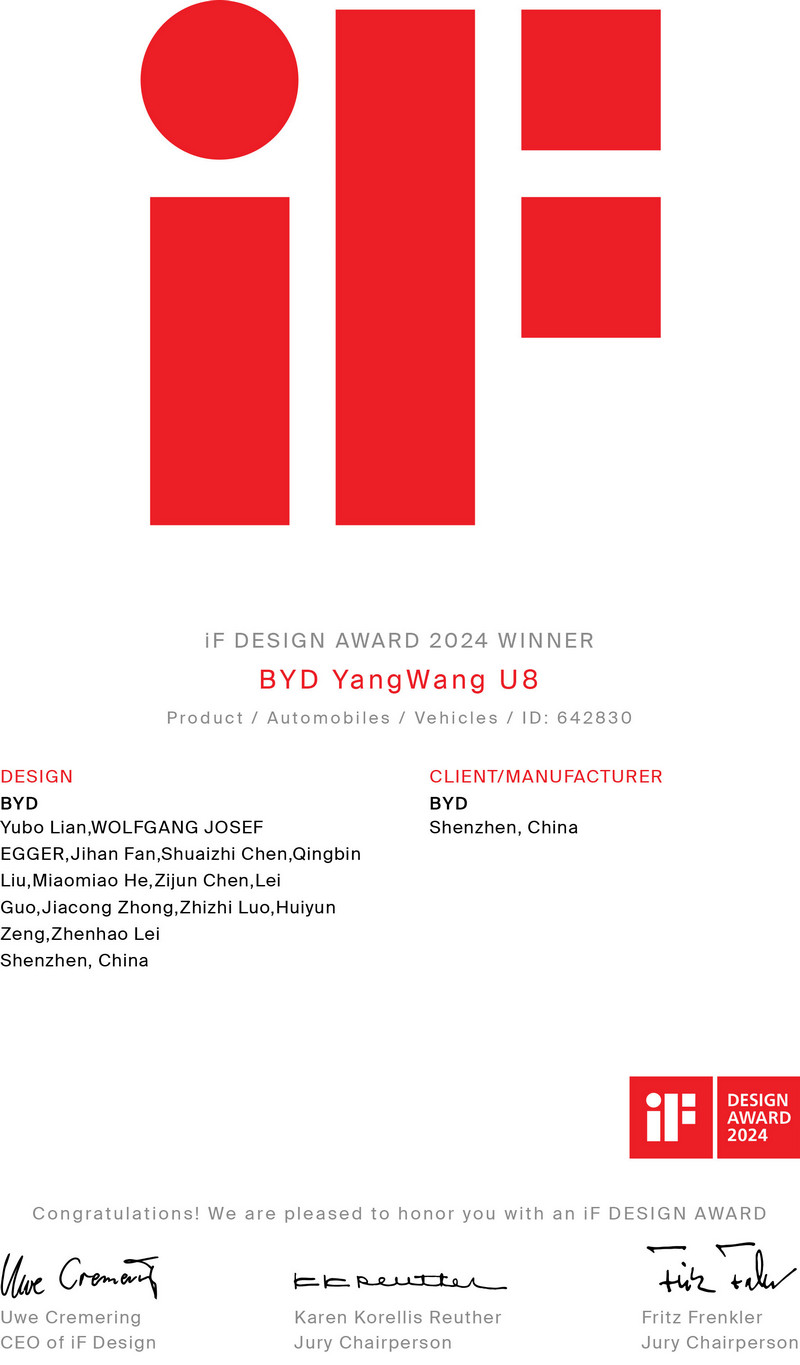 BYD Yangwang U8 Award Certificate