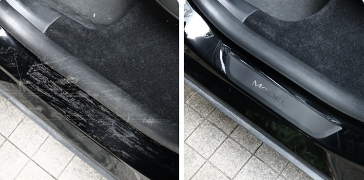 The before and after comparison of installing a door sill protector on the Tesla Model Y